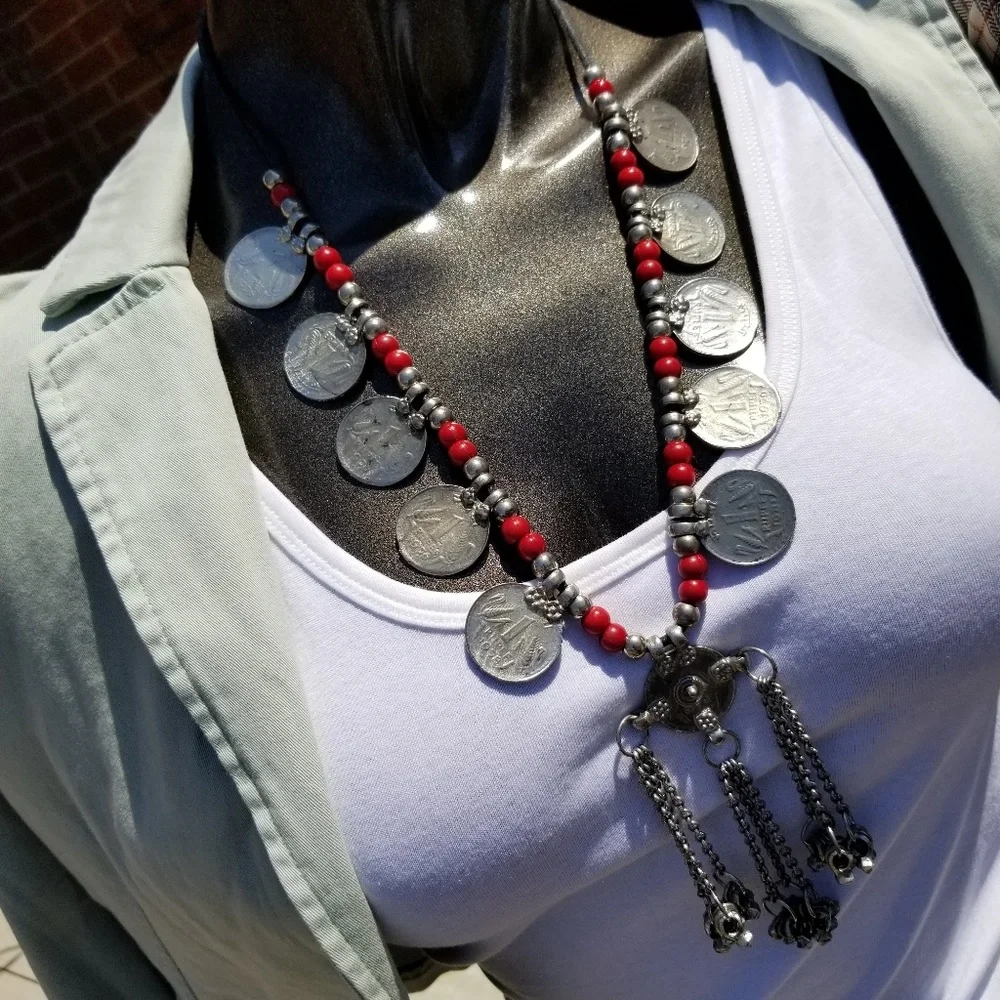 Gorgeous Coin and Red Beaded Necklace w/ Tassels - Picture 4 of 7